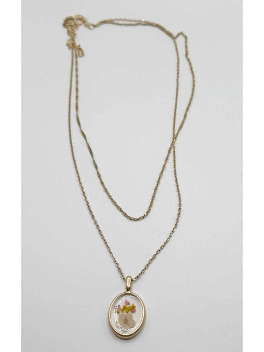 Pressed Flowers Necklace Marked AU CN CZ Double‎ Chain 16-19”